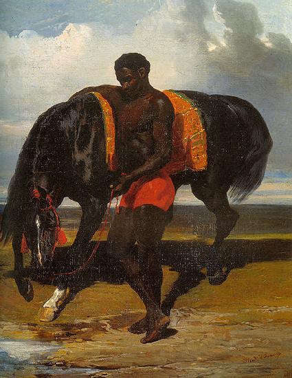 Alfred Dedreux Africain tenant un cheval au bord d'une mer oil painting picture
